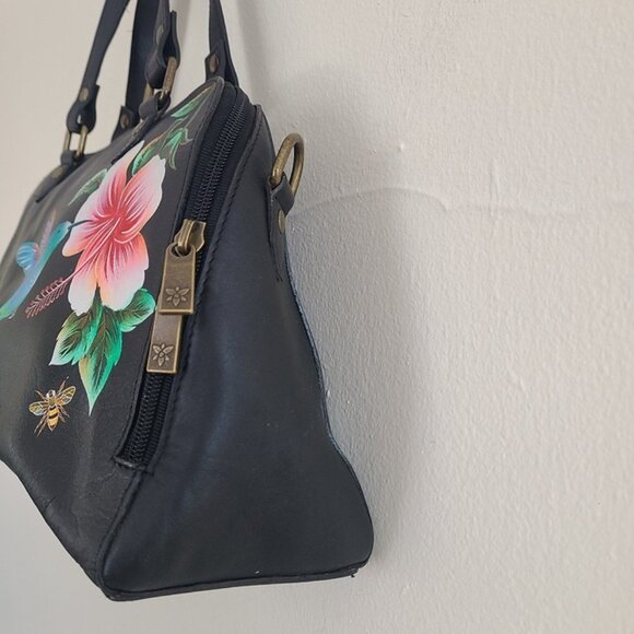 Anuschka Leather Hand Painted Wide Organizer Satchel Hummingbird Black - Picture 6 of 11